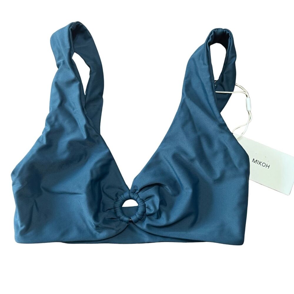 MIKOH Solid Ring Front Pull On Bikini Swim Bathing Suit Top Dark Teal NWT XS